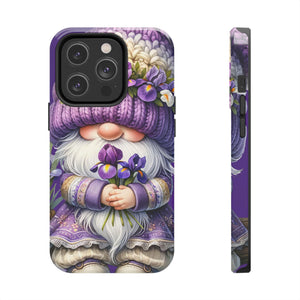 a phone case with a whimsical design of a gnome holding a bouquet of purple flowers.