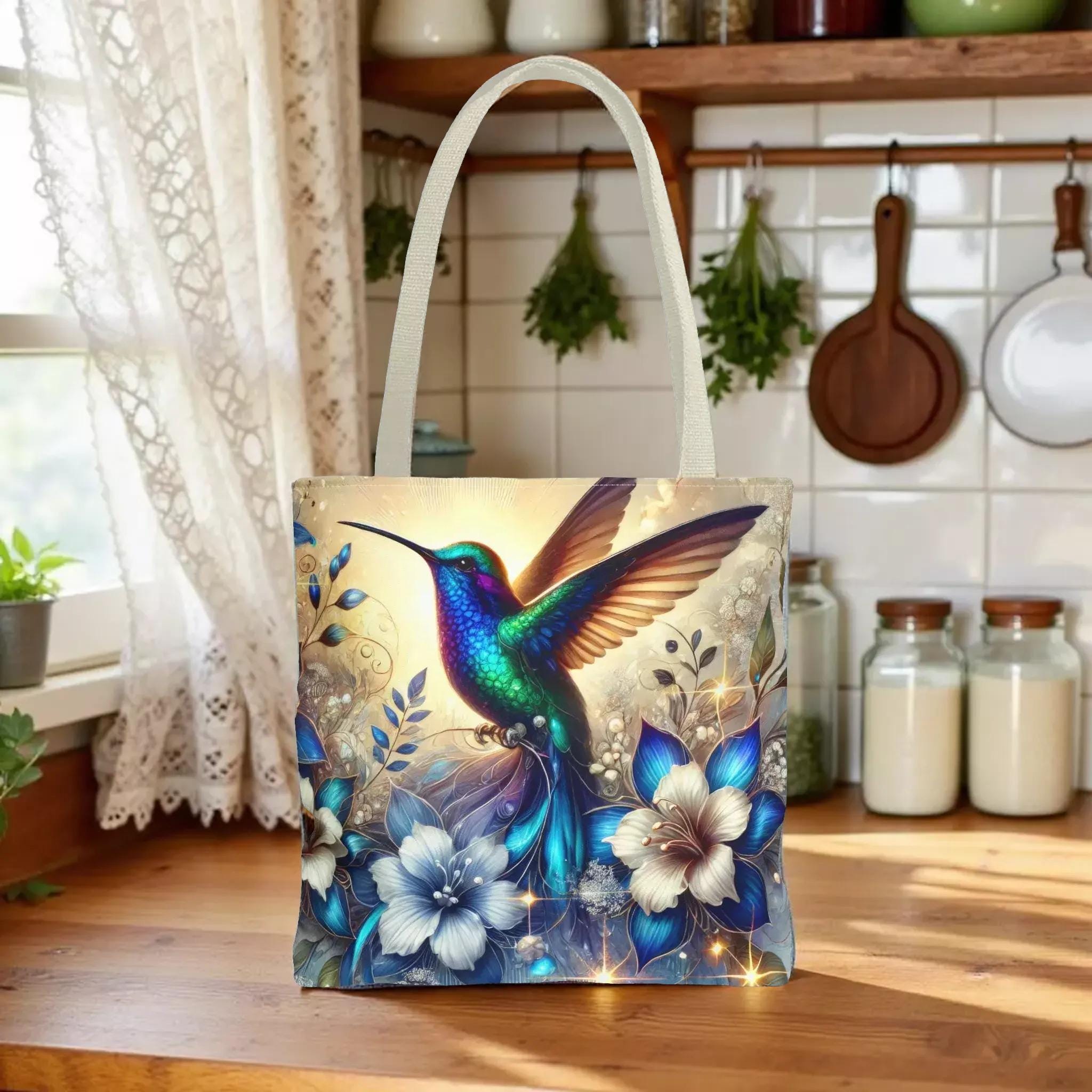 Hummingbird Floral Tote Bag — Vibrant Blue Bird & Blossoms - Zestily