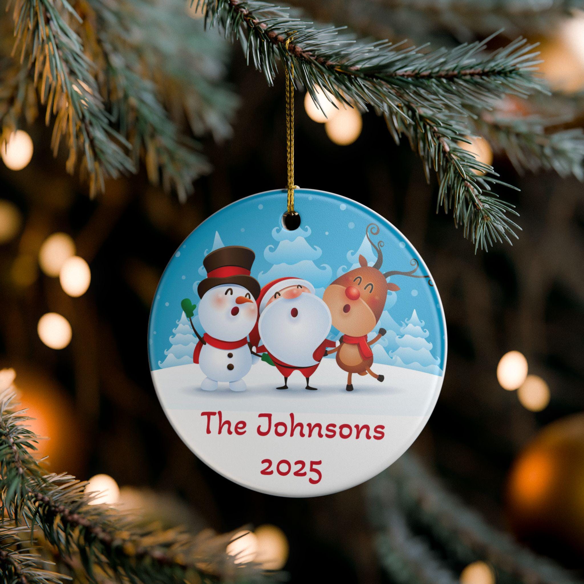 A Christmas ornament featuring Santa Claus, a reindeer, and a snowman, with the text "The Johnsons 2020" on it.