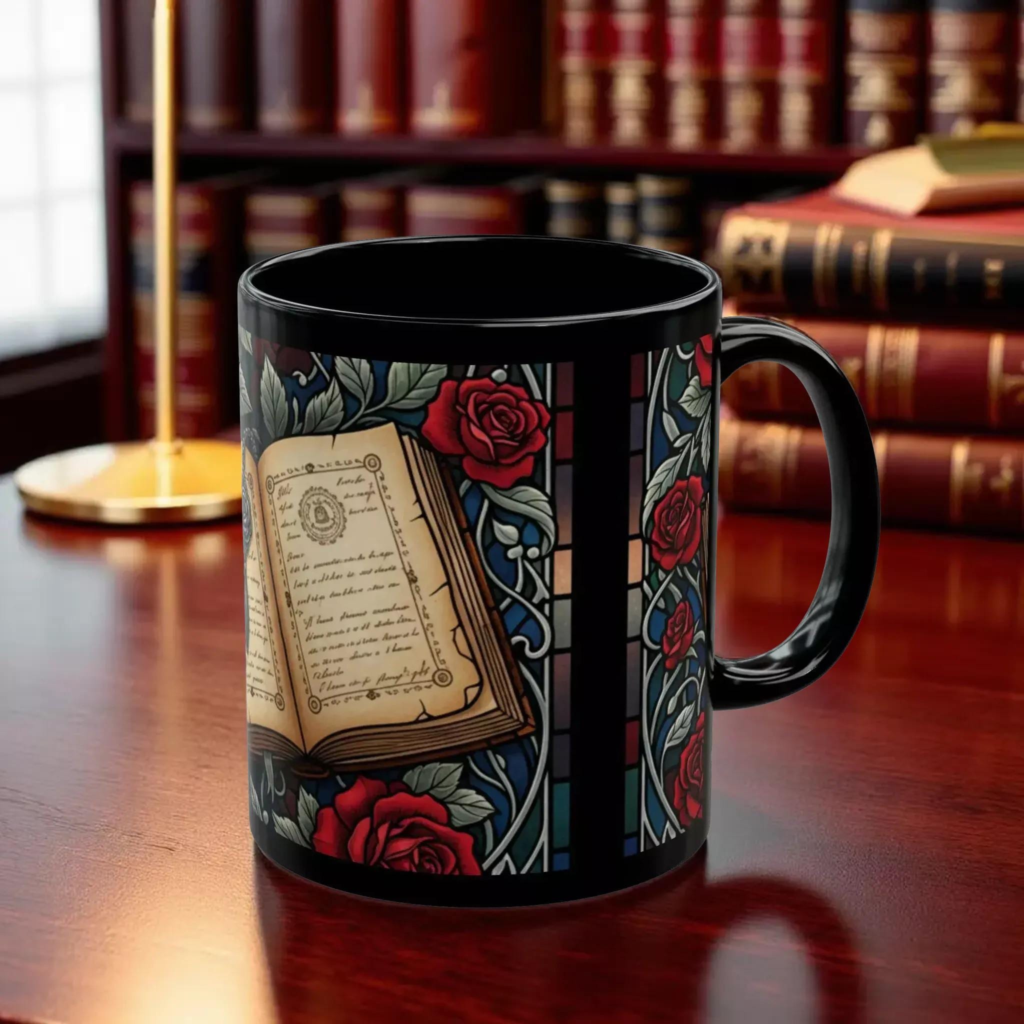A black mug with a colorful, artistic design featuring an open book surrounded by roses and stained glass elements.