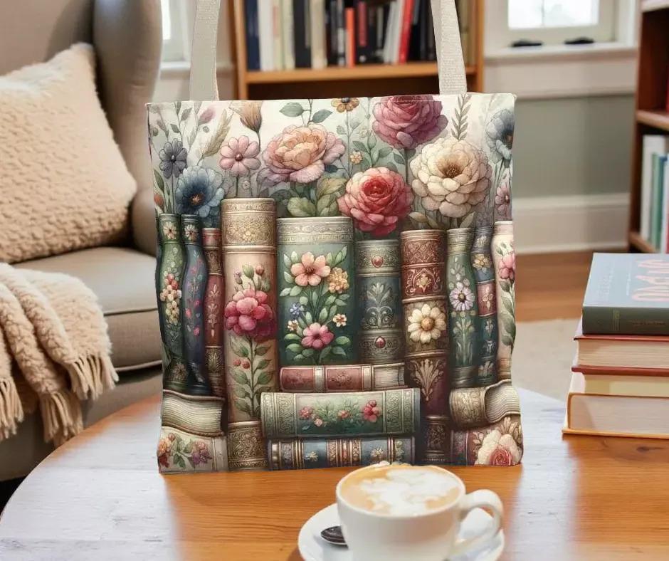 Books & Flowers Carryall Book Shopping Grocery Tote Bag, Book Lover Gift