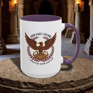A white mug with a purple handle, featuring a graphic design of a phoenix with wings spread wide, surrounded by laurel branches and flames.