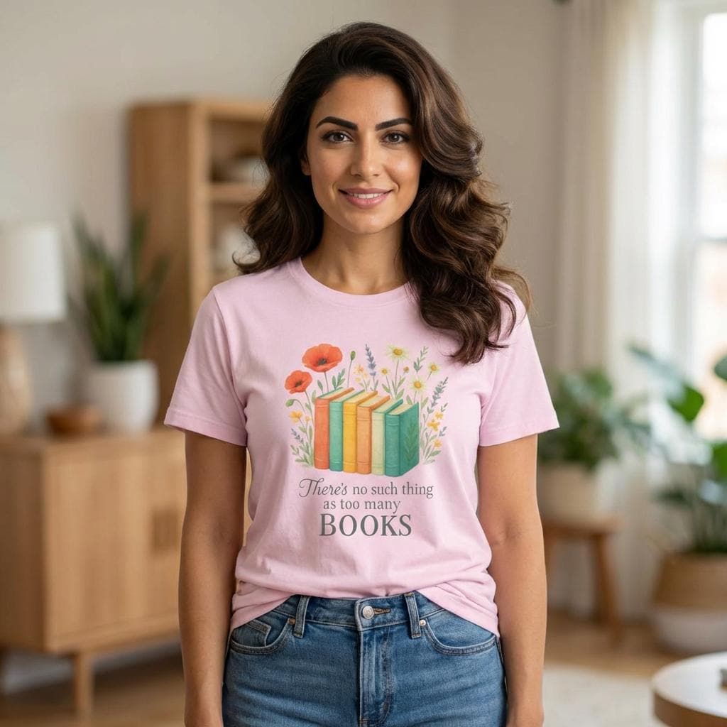A woman wearing a pink t-shirt with a graphic design of books and flowers, standing in a room with a window and plants in the background.