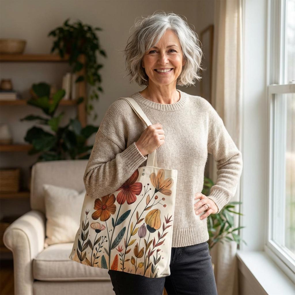 A smiling woman with gray hair stands in a room, holding a bag with a floral design.
