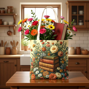 A tote bag with a floral design featuring a stack of books surrounded by flowers and greenery.