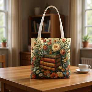 A tote bag with a floral design featuring a stack of books surrounded by flowers and greenery.