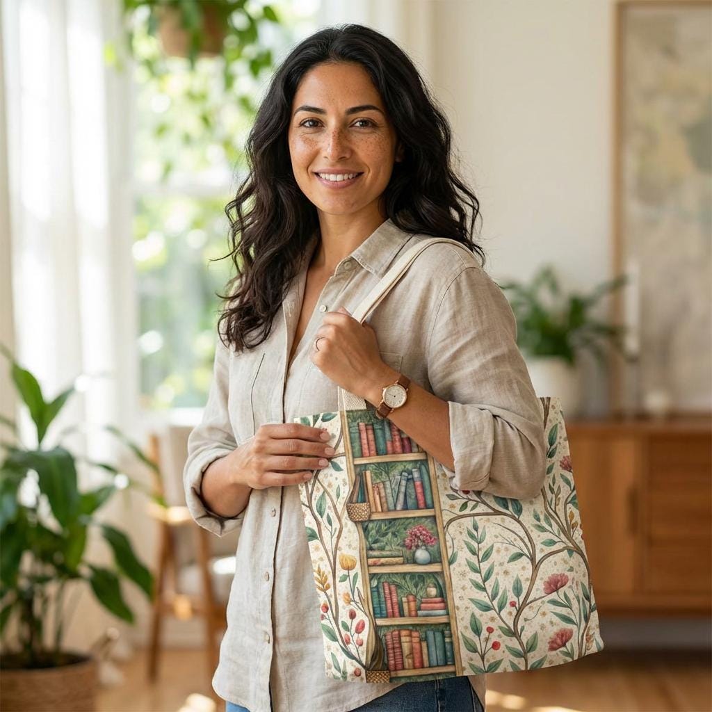 A woman with long dark hair is smiling and holding a tote bag with a book-themed design, standing in a room with plants and a wooden cabinet.