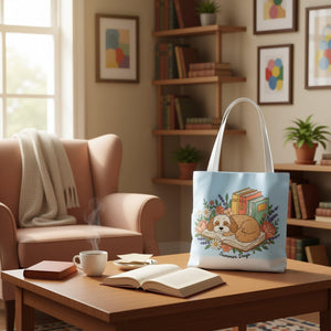 A tote bag with a printed design depicting a dog curled up and sleeping on an open book, surrounded by flowers and leaves.