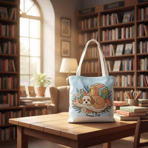 A tote bag with a printed design depicting a sleeping dog surrounded by flowers and books, with the text "Summer Days" below the image.