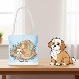 A tote bag with a printed design depicting a sleeping dog surrounded by flowers and books, with the text "Summer Days" below the image.