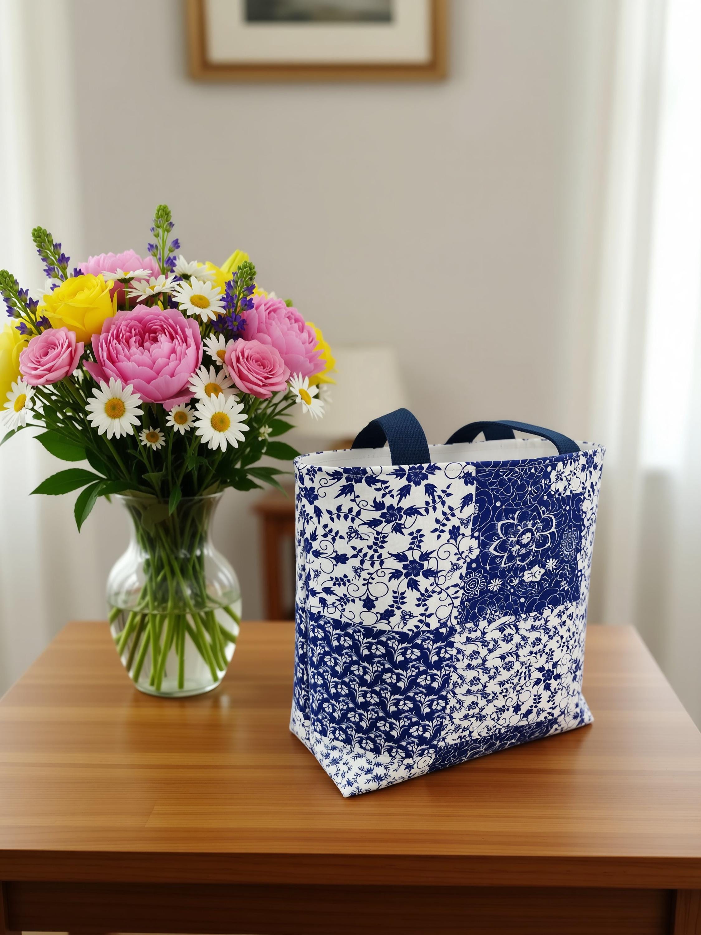 A white and blue floral patterned tote bag with blue handles rests on a purple textured surface.