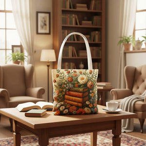 A tote bag with a floral design featuring a stack of books surrounded by flowers and greenery.