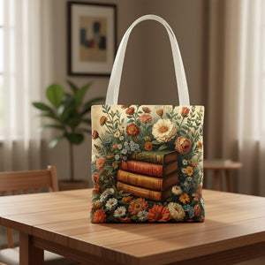 A tote bag with a floral design featuring a stack of books surrounded by flowers and greenery.
