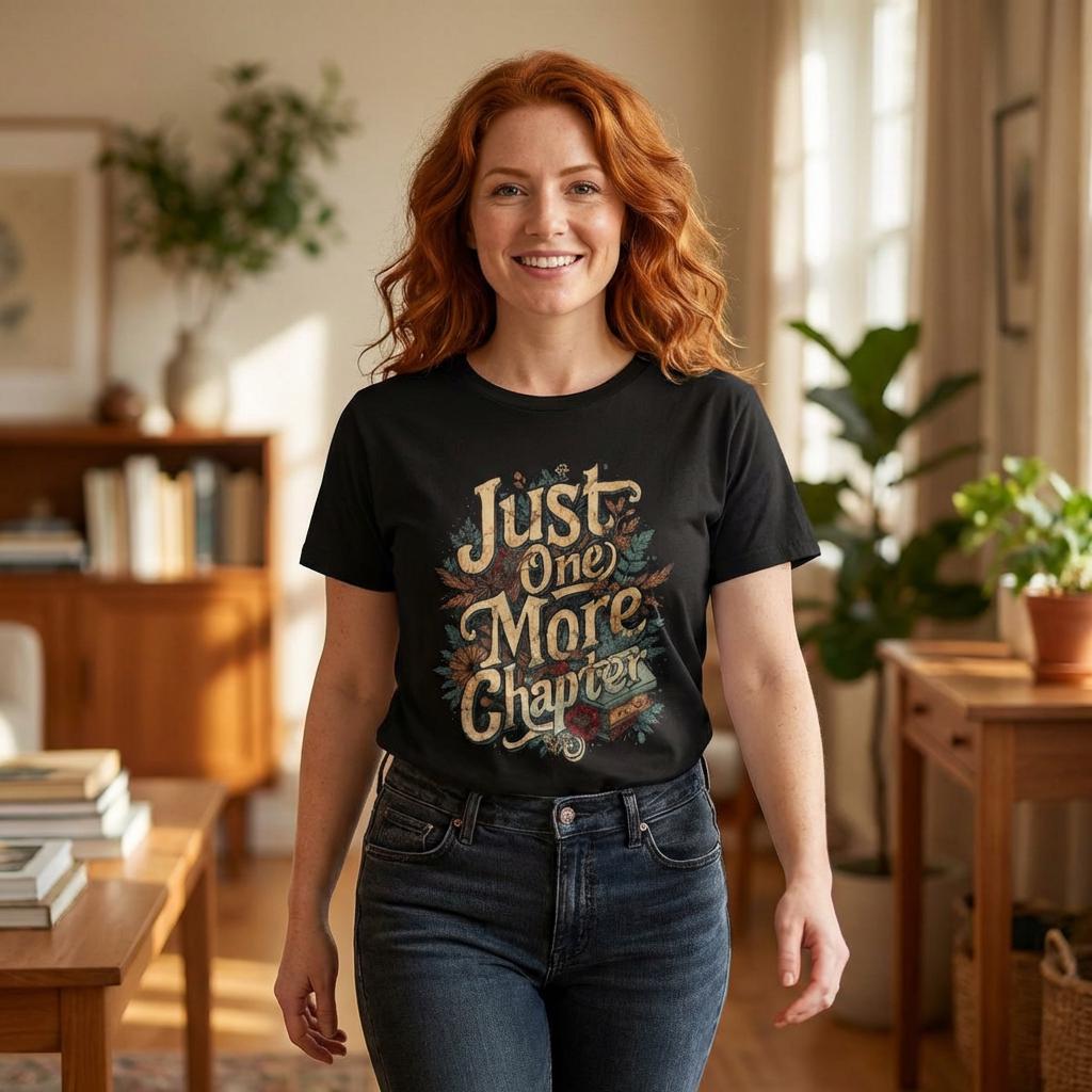 A woman with red hair wearing a black t-shirt with a floral design and jeans is standing in a room with a wooden floor and furniture.