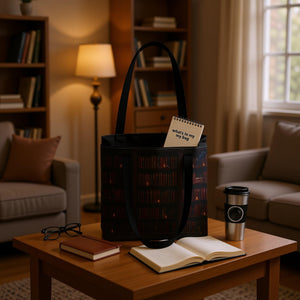 A tote bag with a printed design of a bookshelf filled with books.