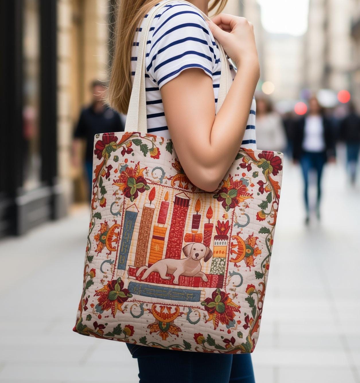 a tote bag with a colorful, intricate design depicting a dog surrounded by various elements such as flowers, candles, and a building.