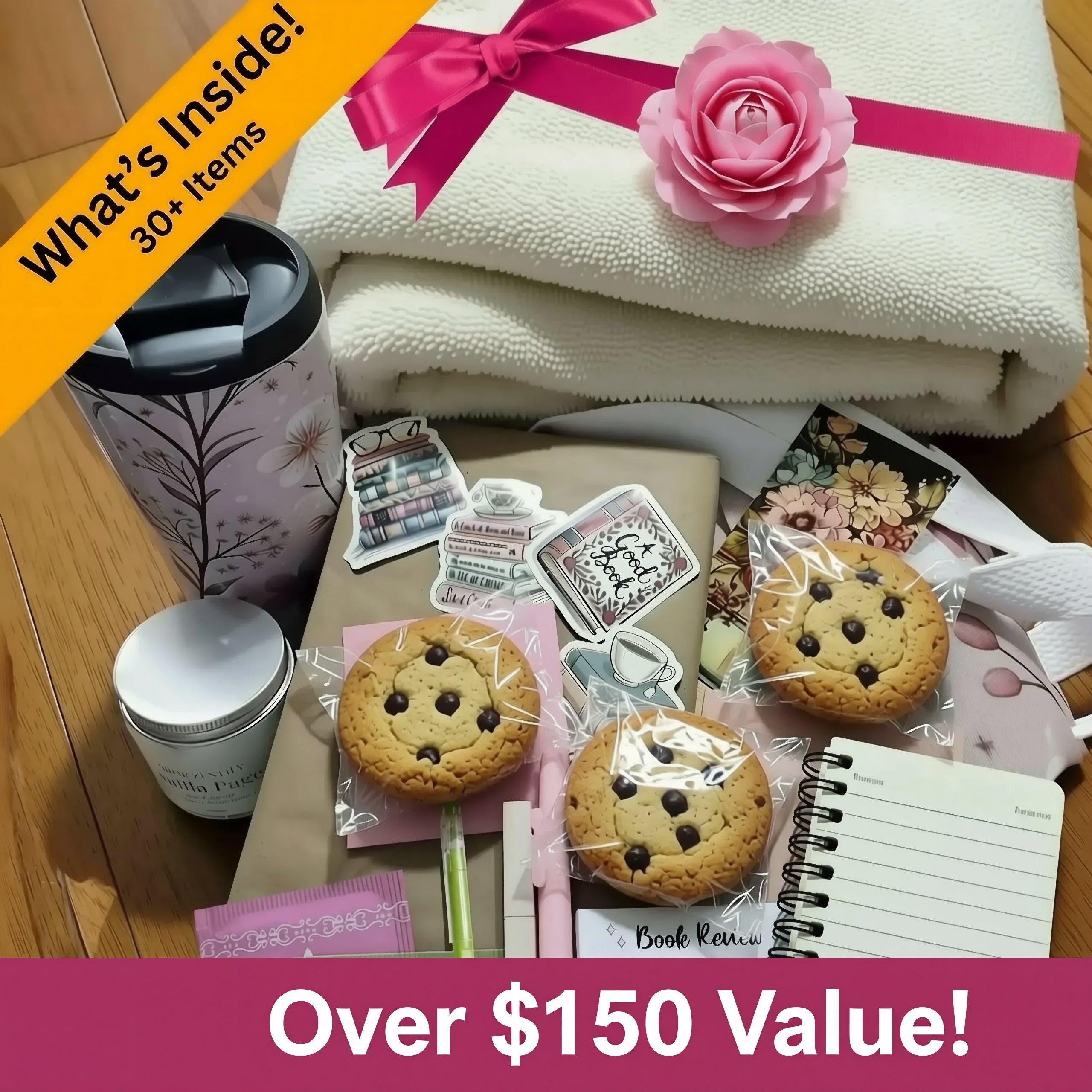 various items, including a white towel, a coffee cup, a notebook, a pen, a pink ribbon, and a book review notebook, all arranged on a wooden surface.