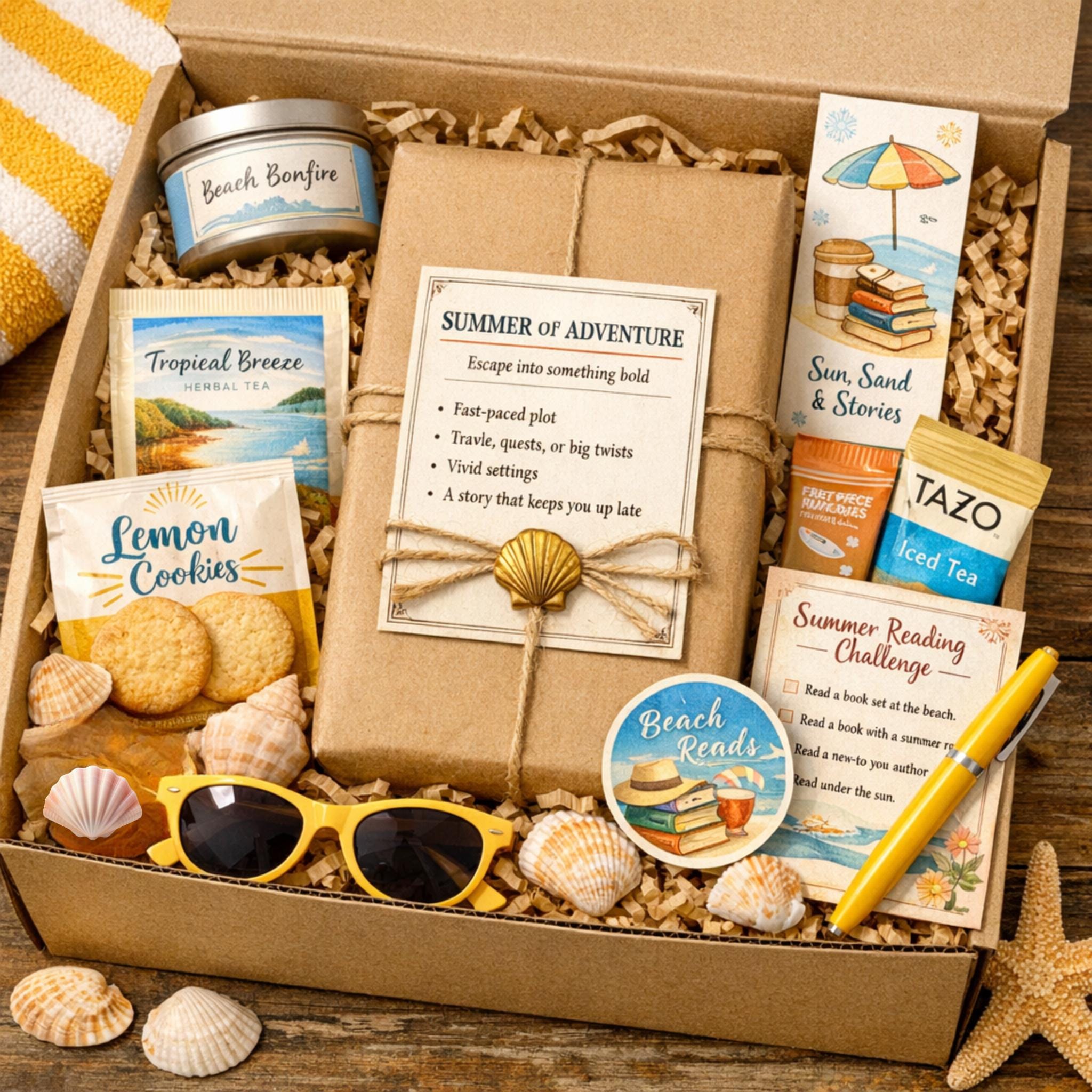 A gift box containing various items related to summer activities, including a book, cookies, sunglasses, and a pen.