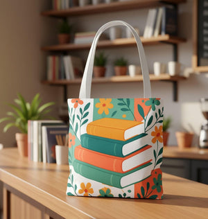 A tote bag with a colorful floral pattern and a stack of books on top.