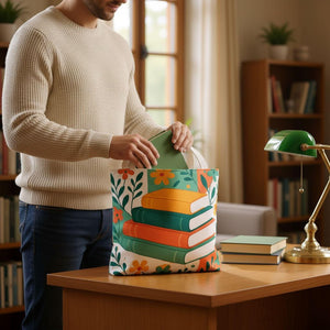 A man in a sweater is standing at a desk, holding a green book and placing it into a colorful book bag with a floral design.