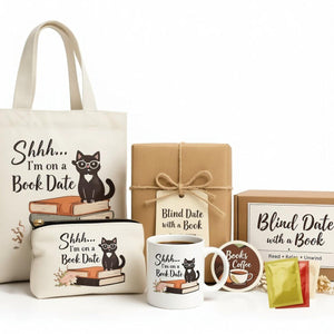 a collection of items related to the theme of "Blind Date with a Book", including a book, a book bag, a gift box, and some other items.