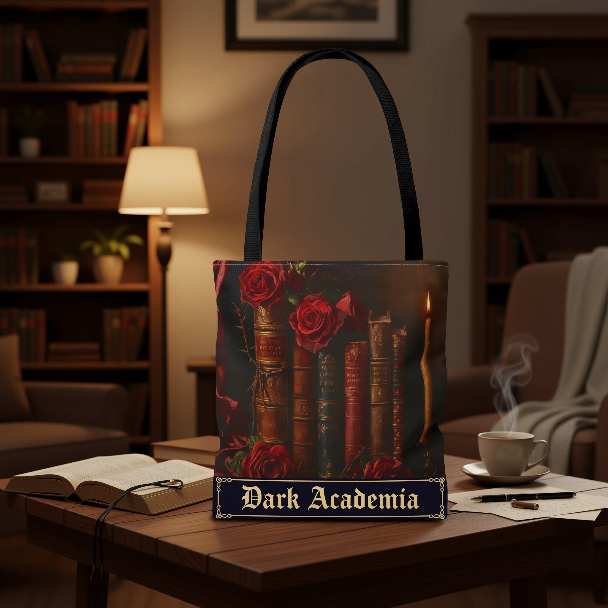A tote bag with a printed design featuring a row of old books with red roses surrounding them, and a lit candle in the background.