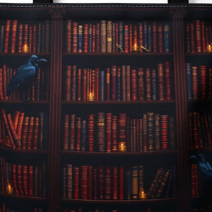 A tote bag with a printed design of a bookshelf filled with books.