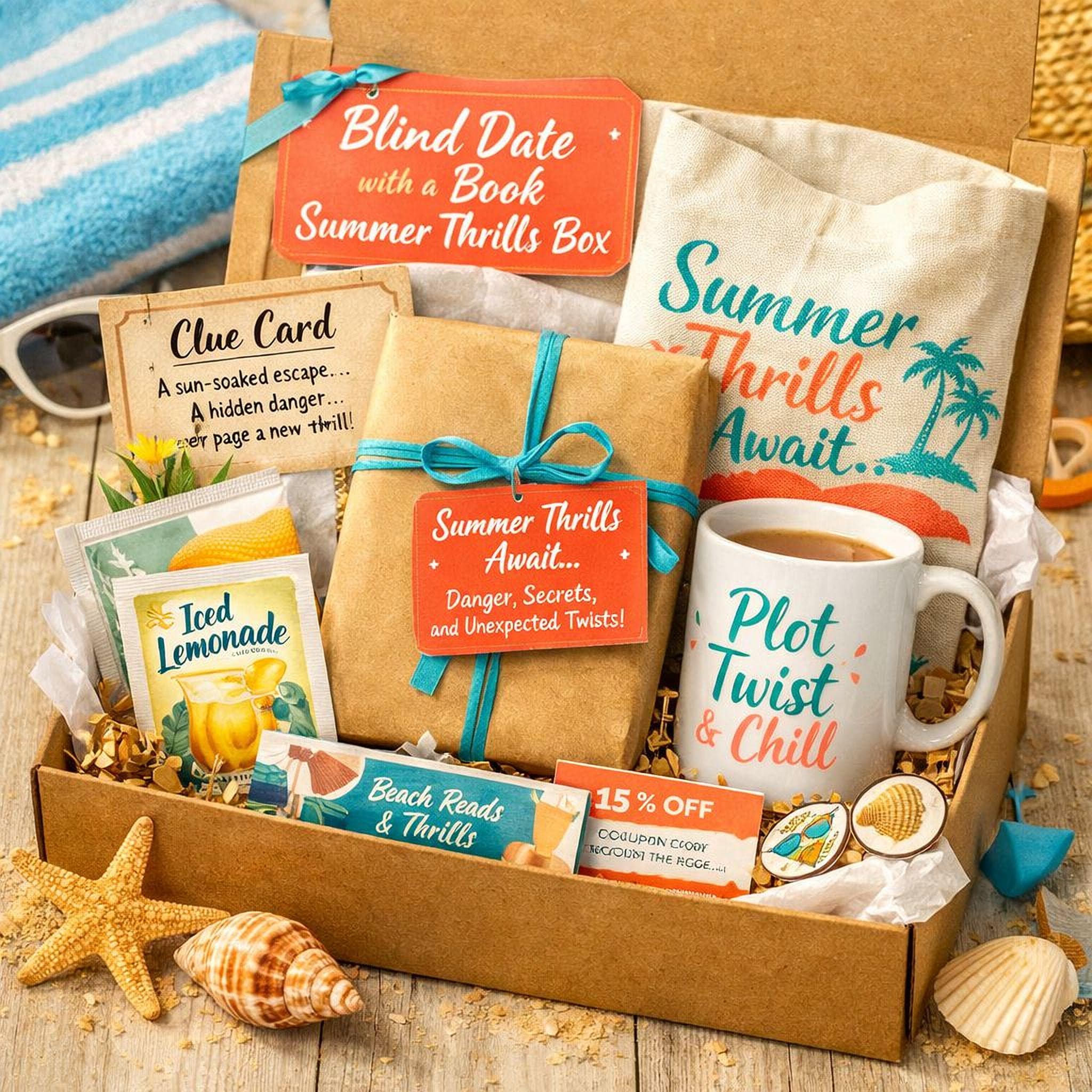 A box filled with various summer-themed items, including a book, a mug, a book, and a beach-themed card, all wrapped in brown paper and tied with a blue ribbon.
