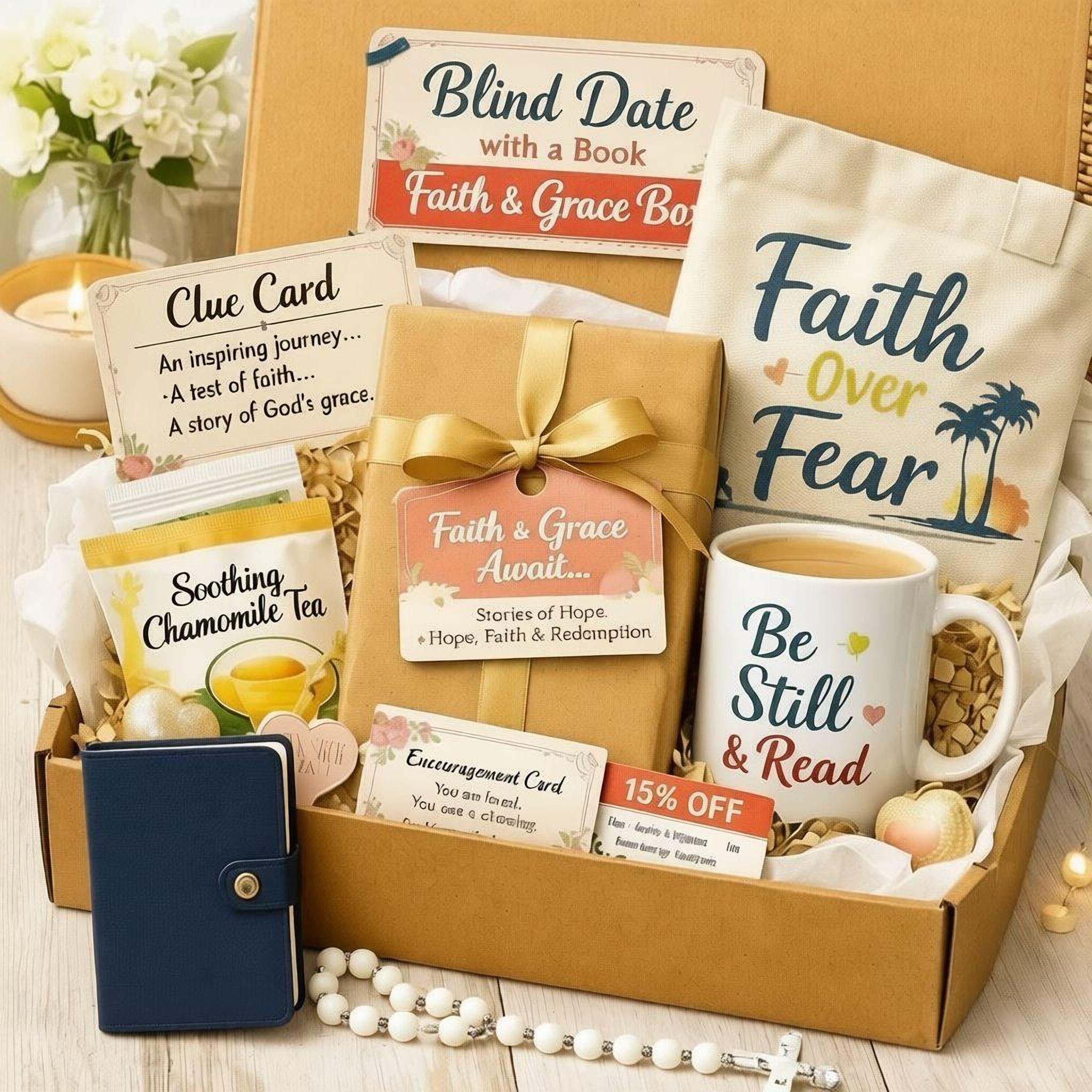 A gift box containing various items, including a book, a mug, a bag, and some seashells, all arranged on a wooden surface.
