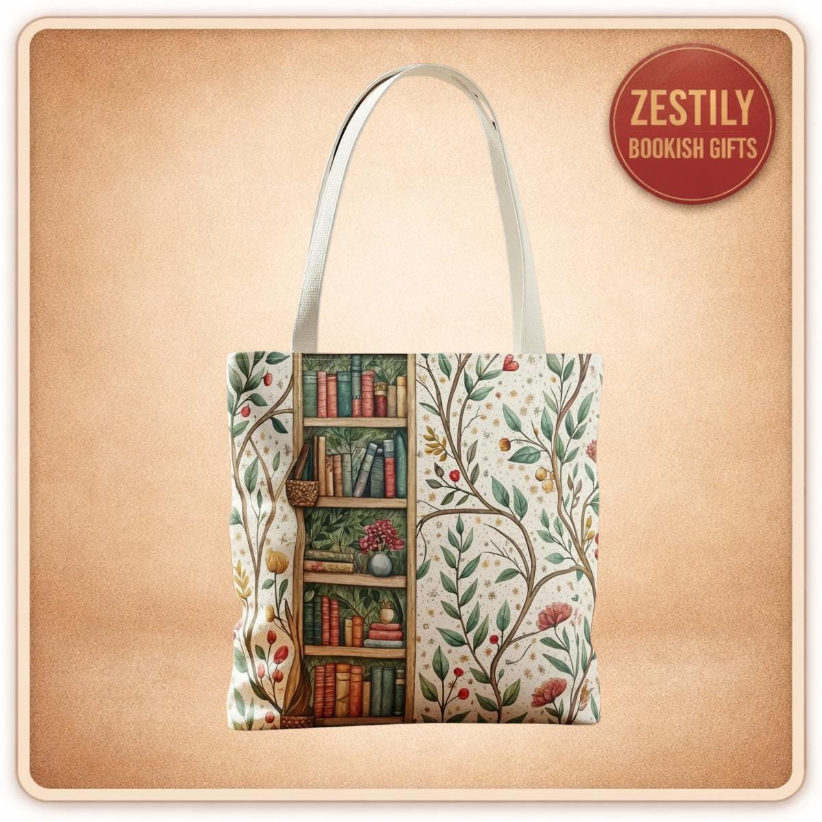 Bookcase Floral Tote Bag • Vintage Library Canvas Carryall • Book Lover Gift