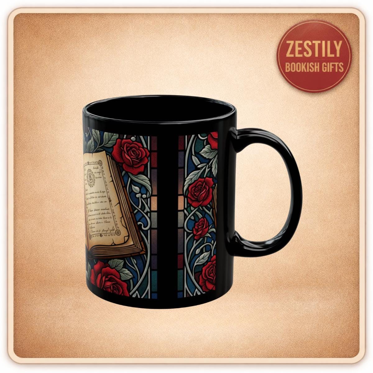 Bookish Gothic Booklover Coffee Mug, Roses and Stained Glass (11oz) Tea Hot Cocoa Cup