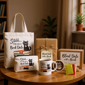 a collection of items related to the theme of "Shh... I'm on a Book Date", including a tote bag, a gift box, a coffee mug, and other accessories.