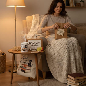 A woman sits on a couch, holding a book bag with a tag that says "Blind Date with a Book". She is surrounded by various books and a mug with a cat design.