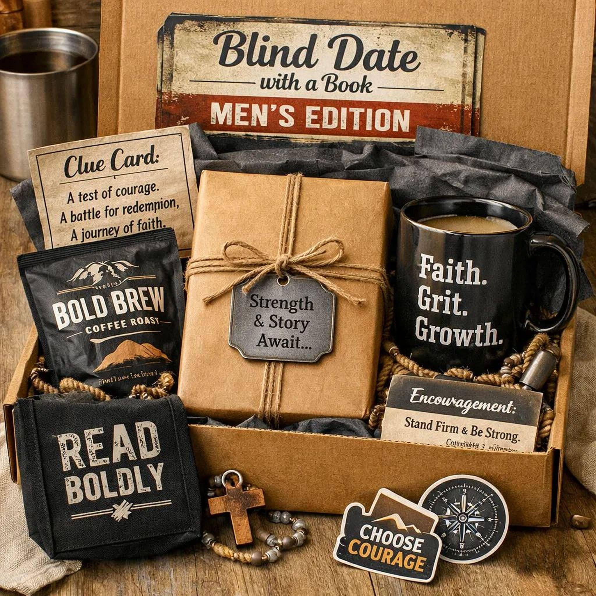 a gift box containing various items, including a book, a mug, a cross, and some other miscellaneous objects.