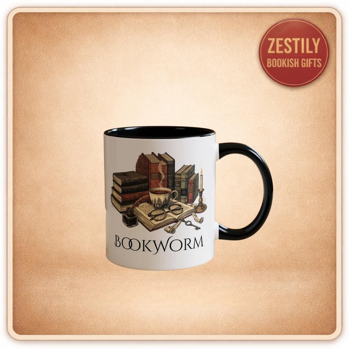 Bookworm Coffee Mug | Vintage Books & Tea Mug | Literary Gift for Readers | Dark Academia Accent Mug | Book Lover Gift
