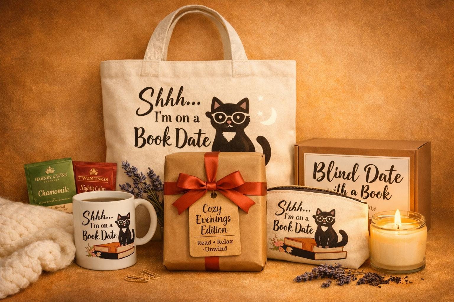 Blind Date with a Book • Cozy Reading Night Book Lover Gift Set • Curated Book Box • Cozy Bookish Gift for Readers • Cat Lovers