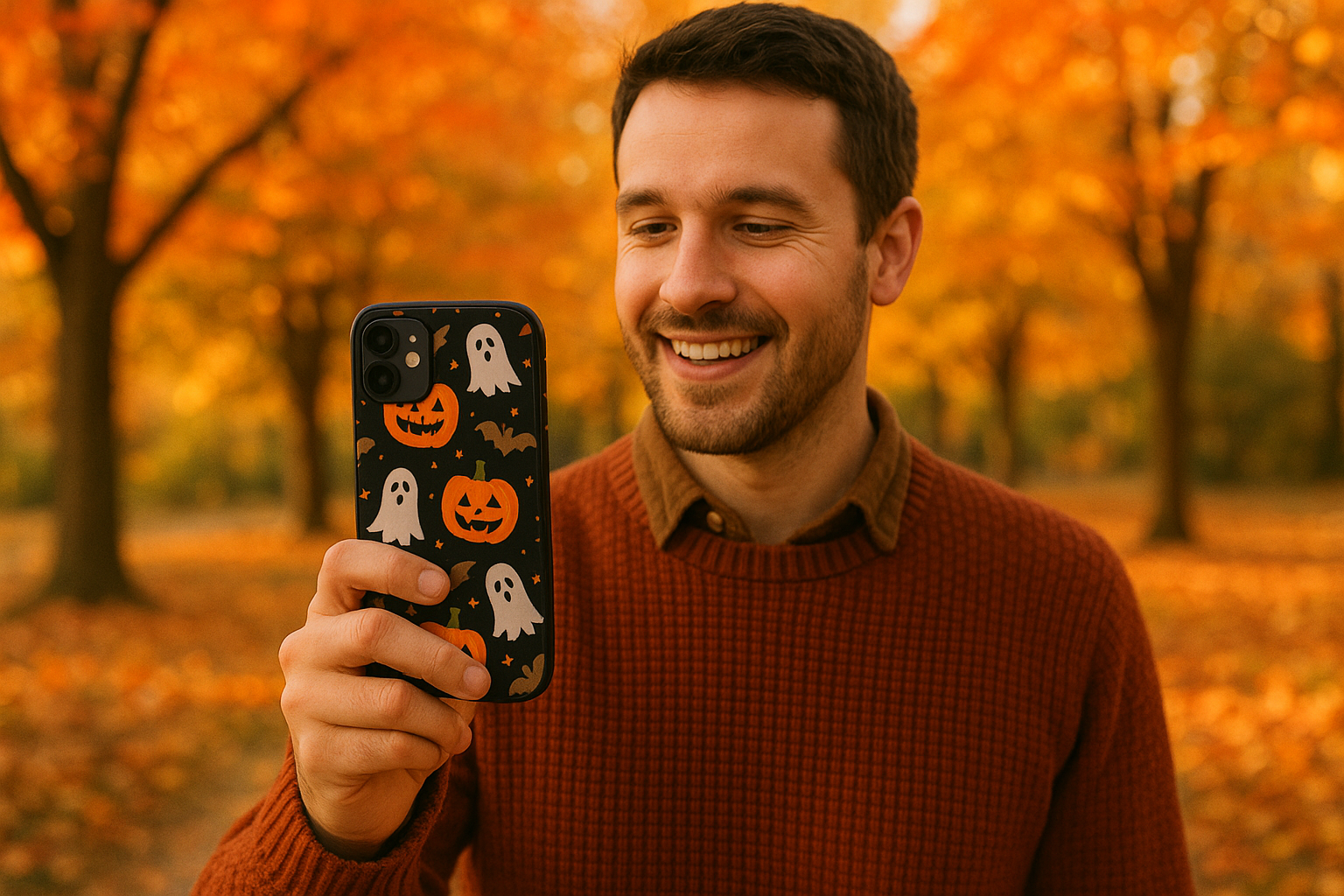 man holding halloween designed phone case with fall autumn background
