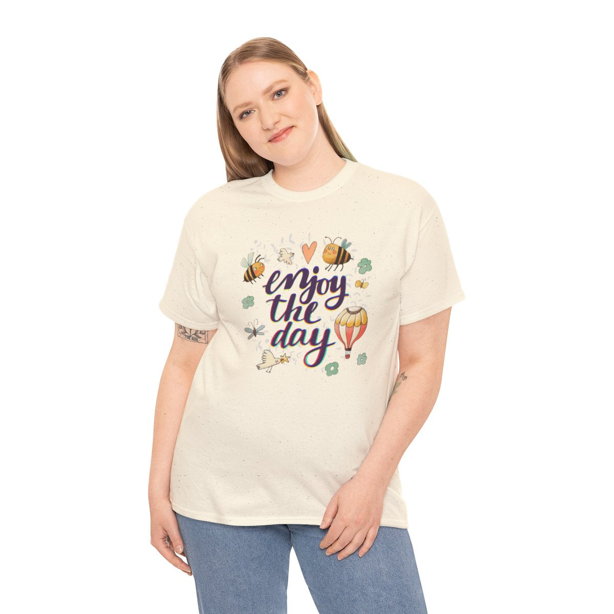 Nature Lover Tee - Enjoy the Day Bee Butterfly Bird Flowers Heavy Cotton Graphic Tee