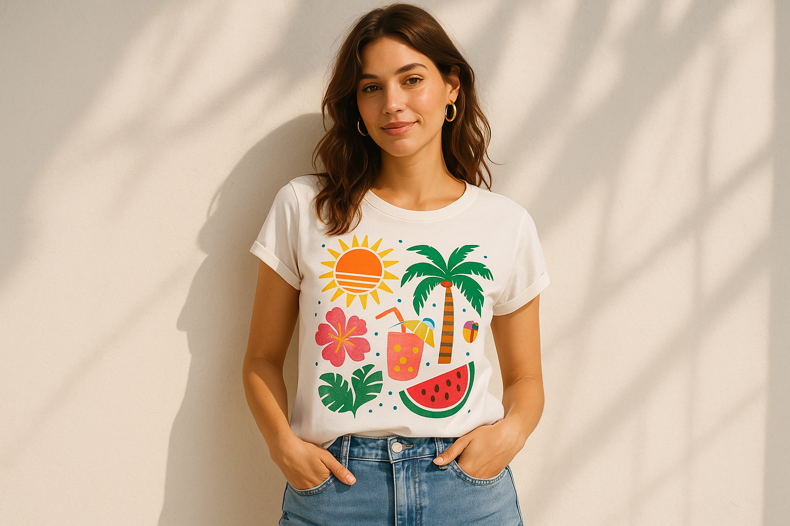 woman with summer graphic t-shirt on