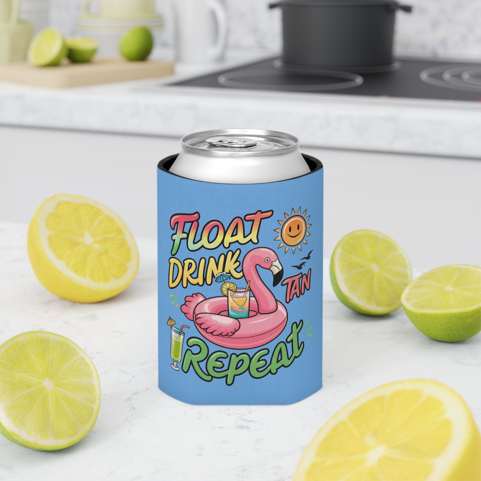 Fun Flamingo Can Cooler Float Drink Tan Repeat Perfect for Summer and Pool Parties