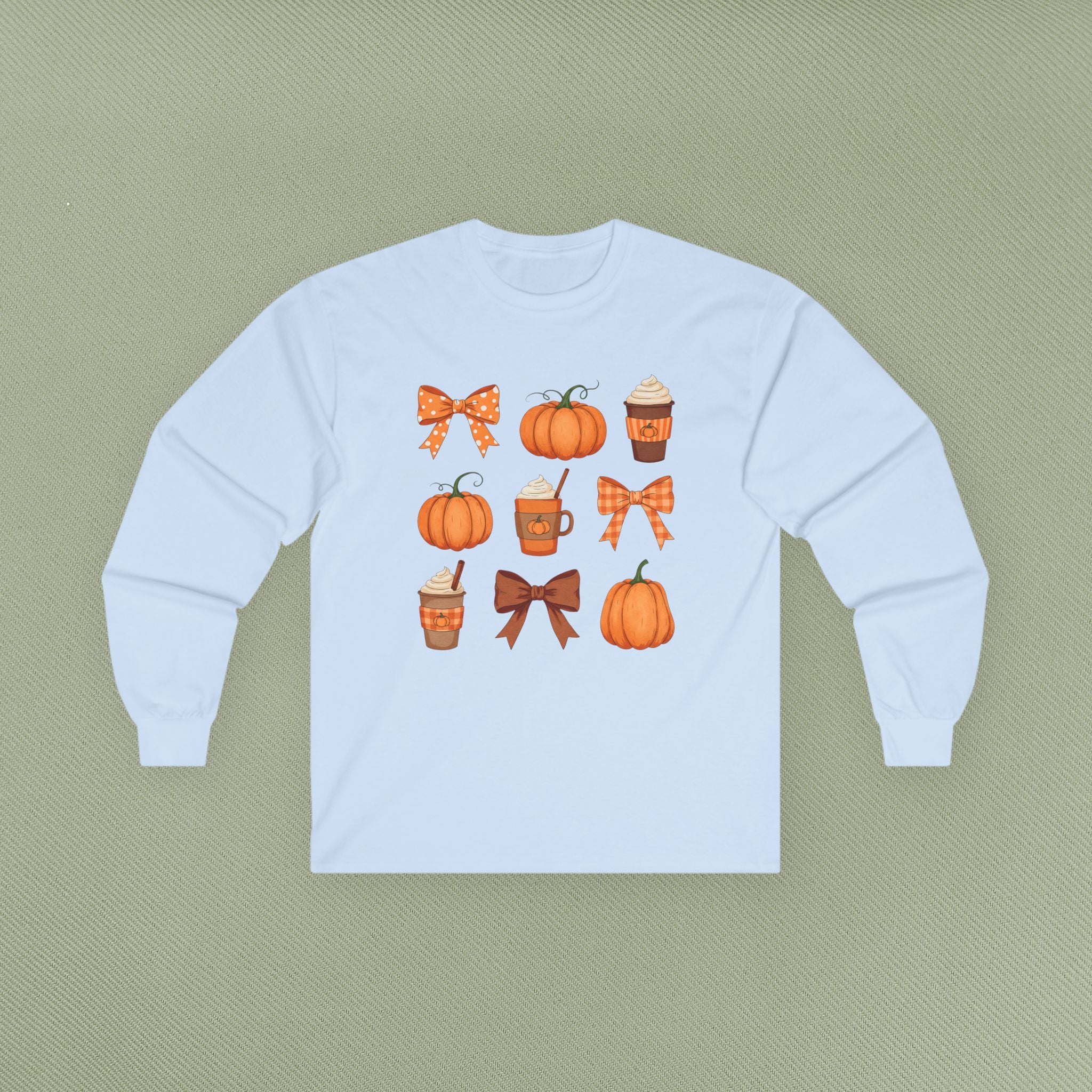 Autumn Vibes Long Sleeve Tee | Pumpkin and Bow Graphic | Cozy Fall Fashion, Thanksgiving, Gift for Her, Seasonal Apparel