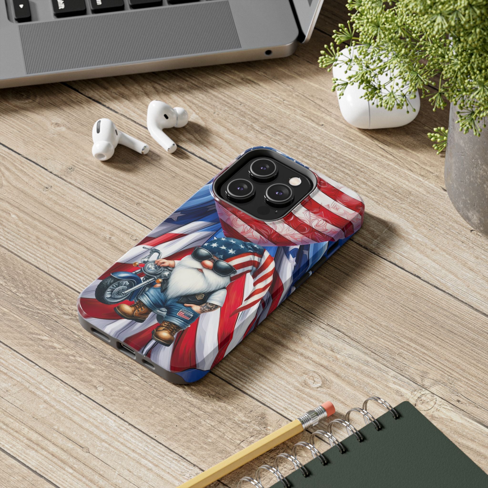 Patriotic Gnome Tough Phone Case - USA Flag Design for Biker Enthusiasts