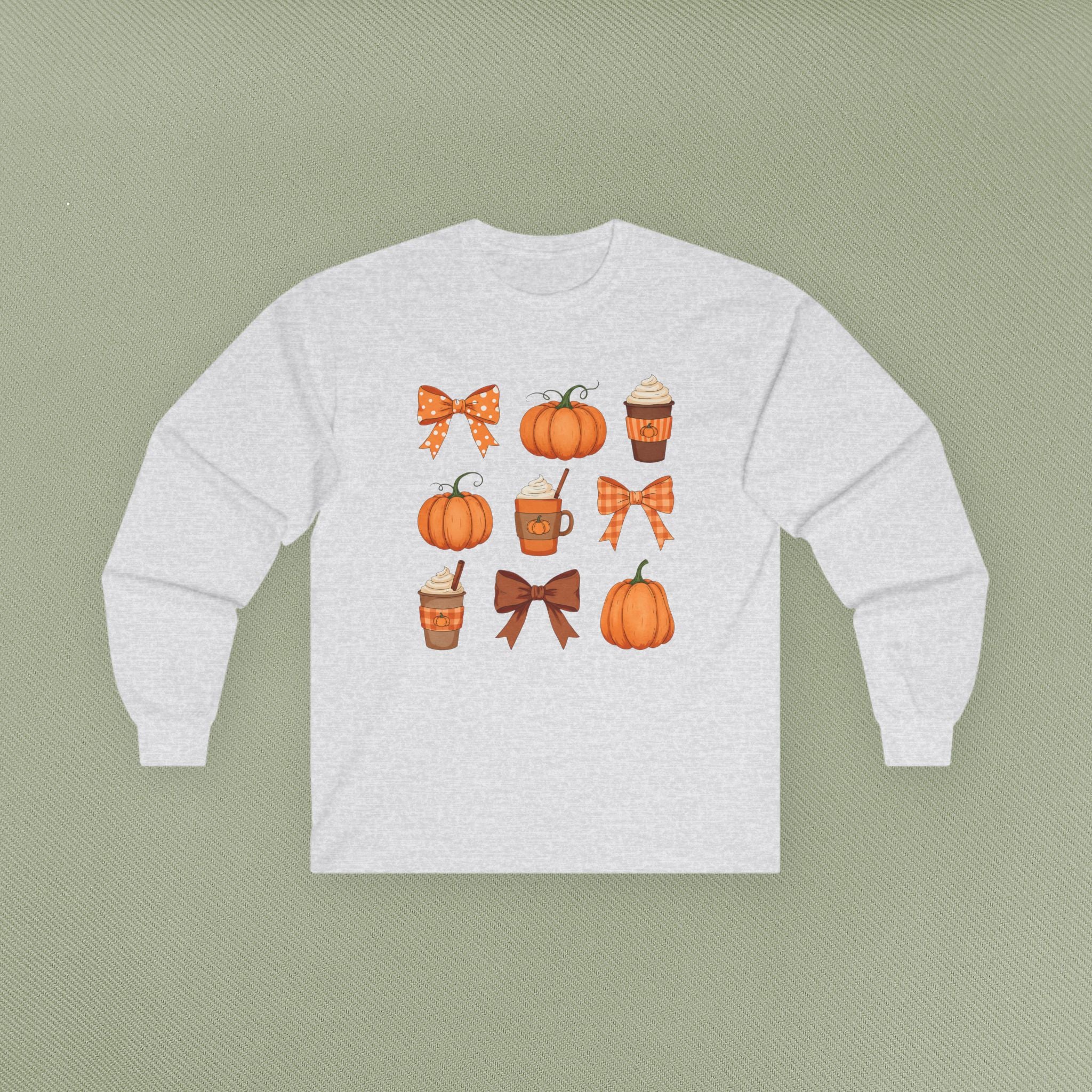 Autumn Vibes Long Sleeve Tee | Pumpkin and Bow Graphic | Cozy Fall Fashion, Thanksgiving, Gift for Her, Seasonal Apparel