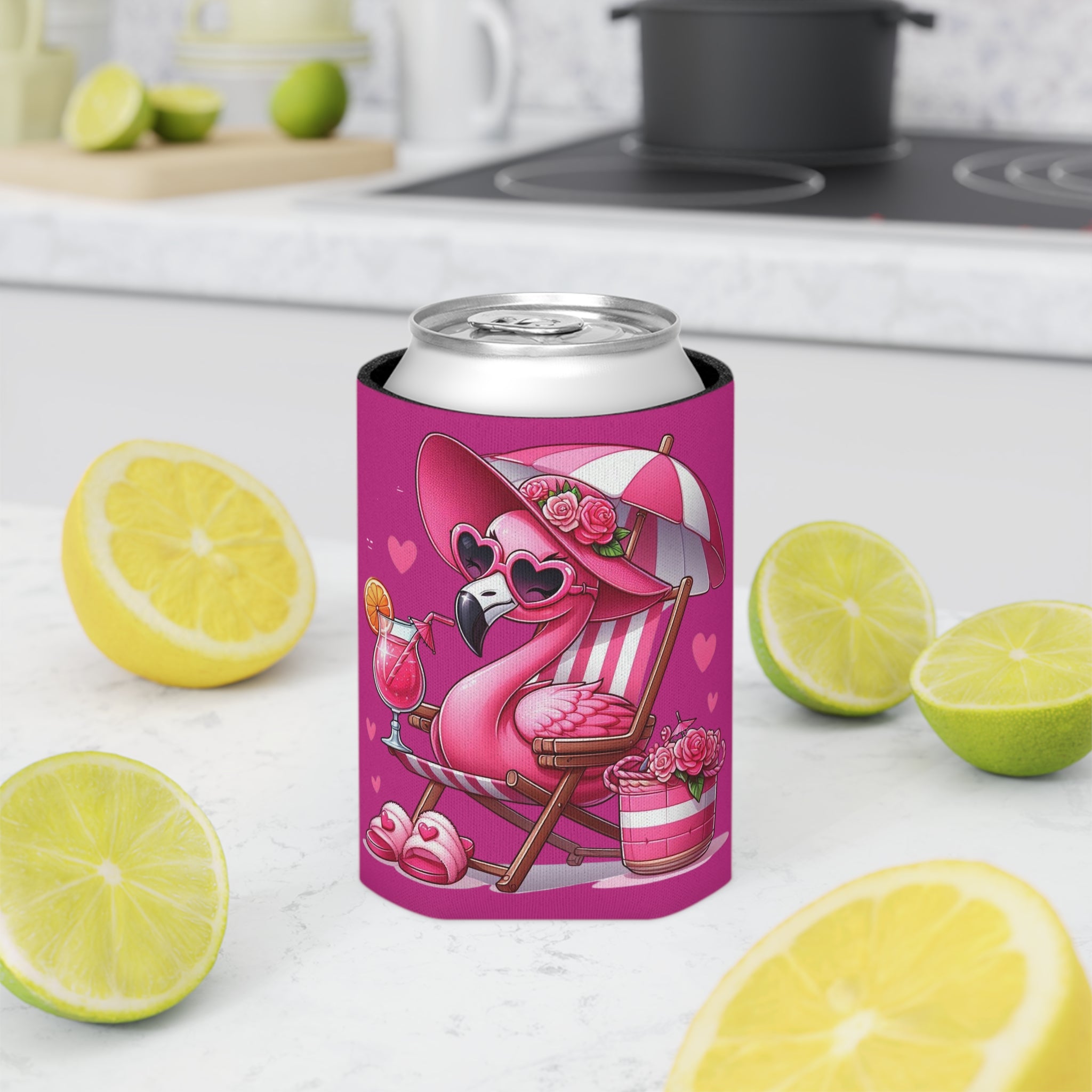 Tropical Can Cooler Beach Vibes Flamingo & Happy Place Design