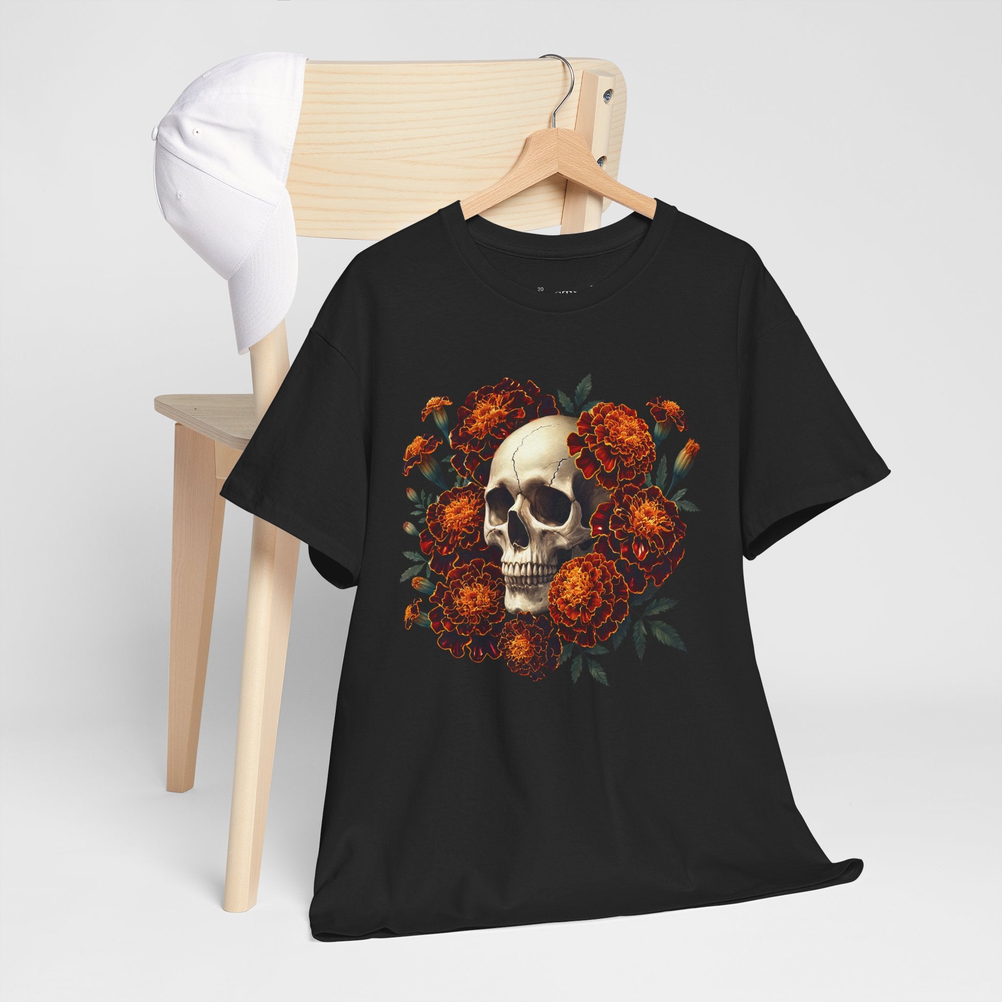 Skull Floral Heavy Cotton Tee, Casual T-Shirt, Alternative Fashion, Halloween Gift, Edgy Style, Graphic Tee