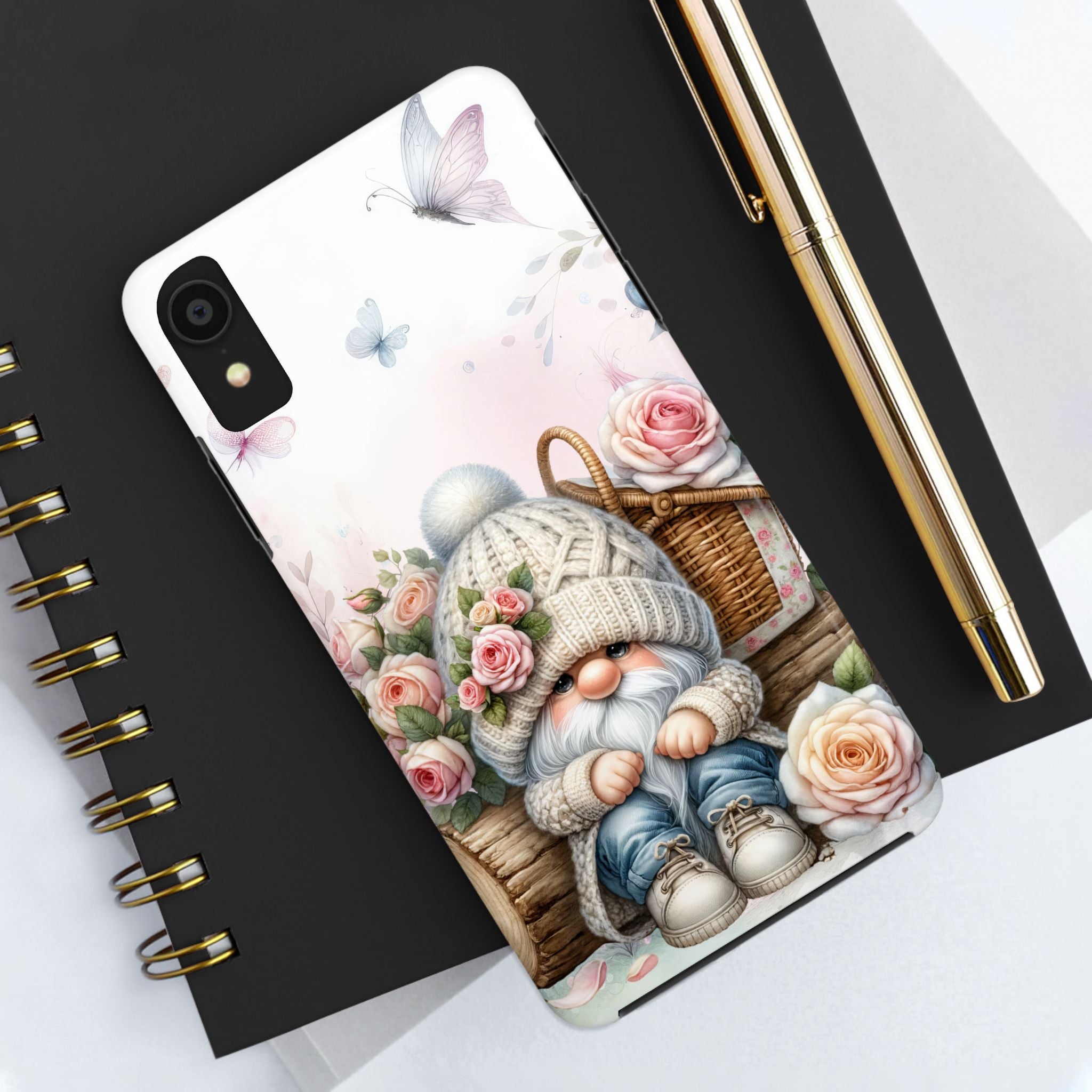 Cute Pink Roses Floral Gnome Tough Phone Case - Whimsical Design for Nature Lovers