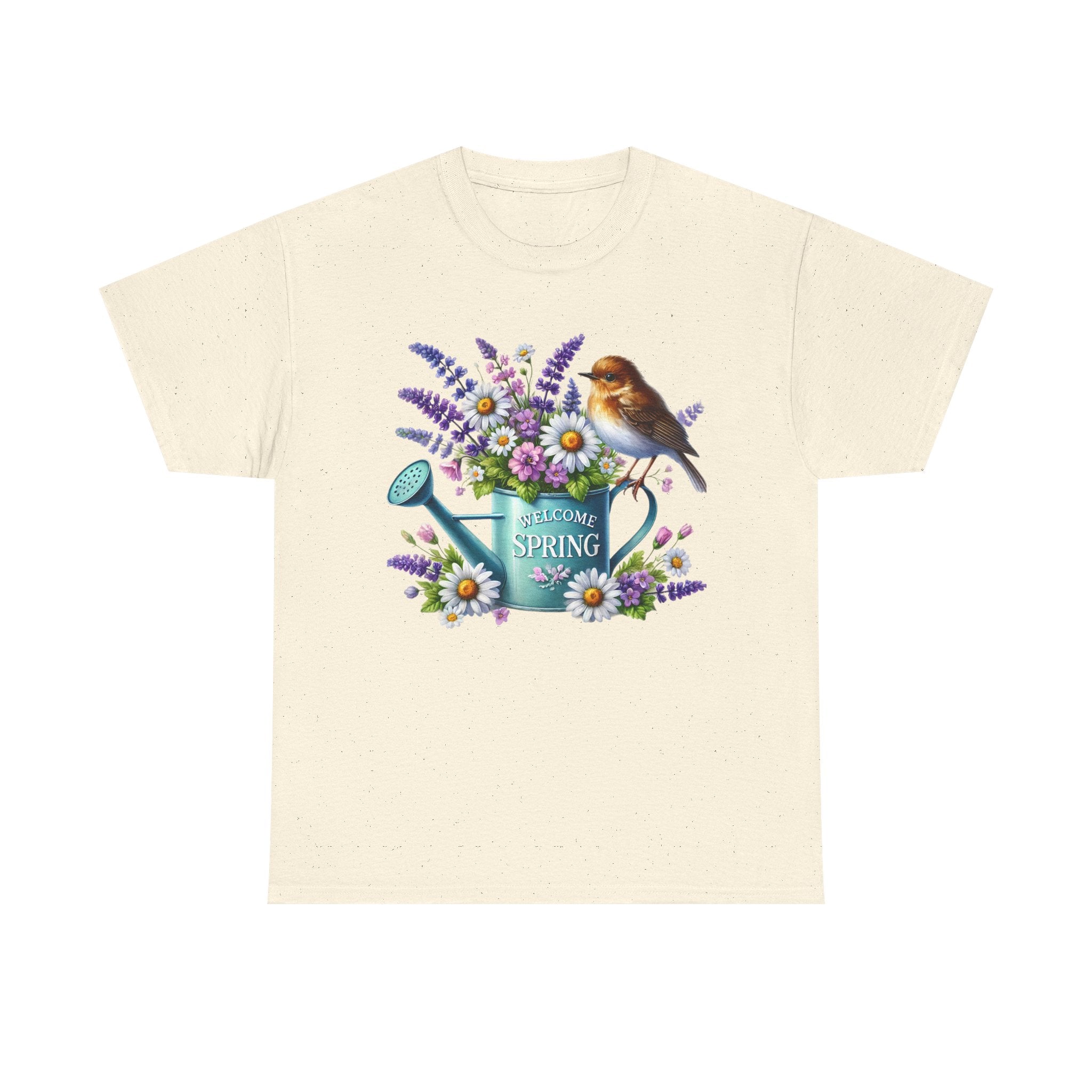 Welcome Spring Heavy Cotton Tee - Floral Design with Birds, Perfect for Garden Lovers