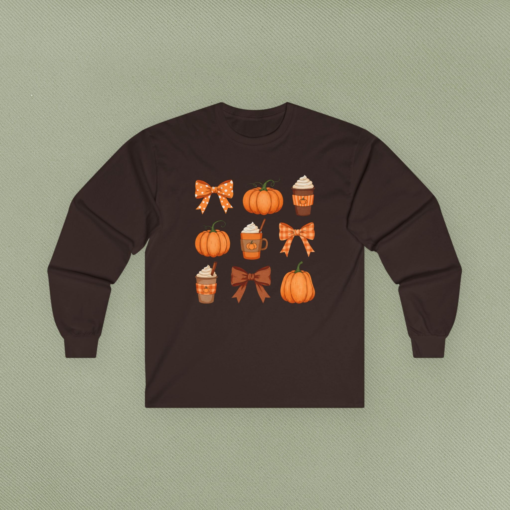 Autumn Vibes Long Sleeve Tee | Pumpkin and Bow Graphic | Cozy Fall Fashion, Thanksgiving, Gift for Her, Seasonal Apparel