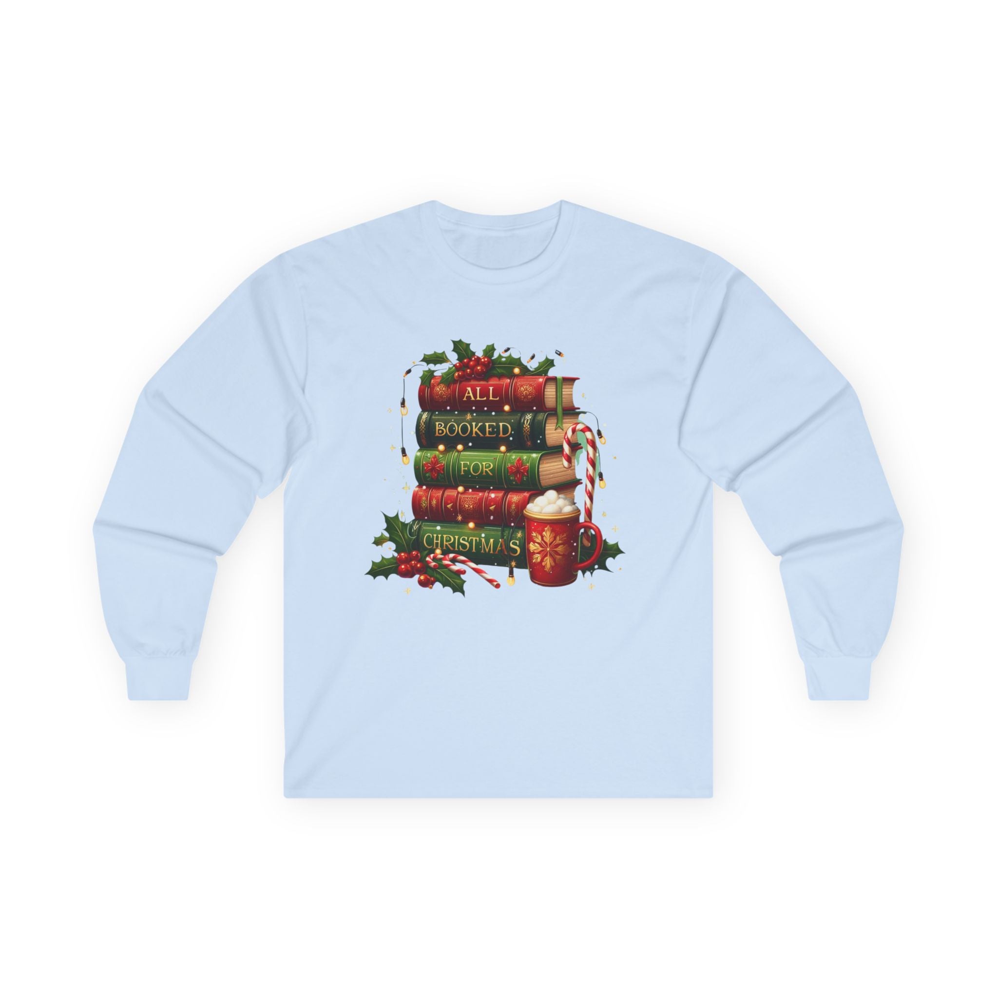 Christmas Book Stack Long Sleeve Tee - Cozy Holiday Apparel, Gift For Book Lovers, Winter Wardrobe Essential, Christmas Tee
