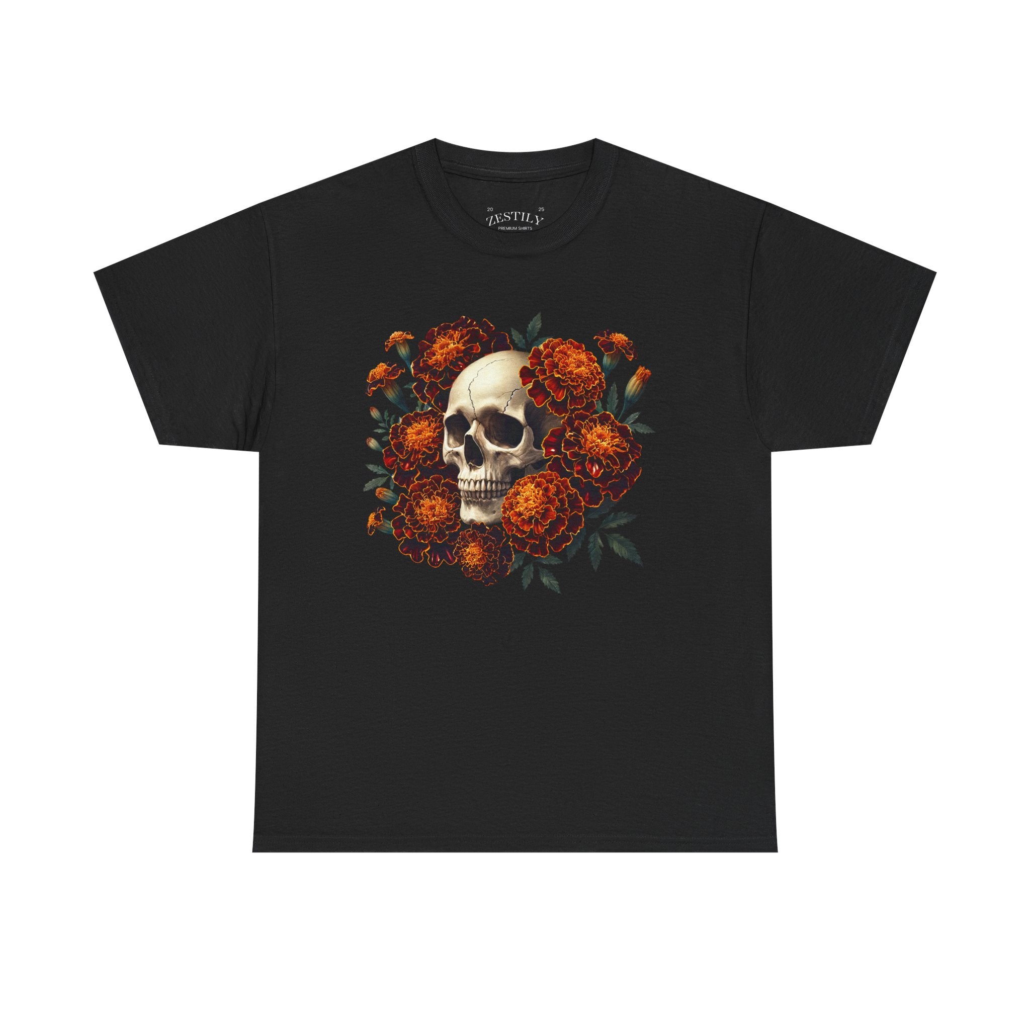 Skull Floral Heavy Cotton Tee, Casual T-Shirt, Alternative Fashion, Halloween Gift, Edgy Style, Graphic Tee
